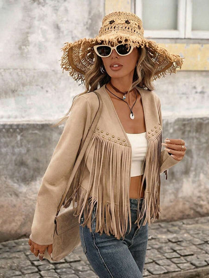 Evangeline Fringe Trim Open Front Crop Jacket - Blue