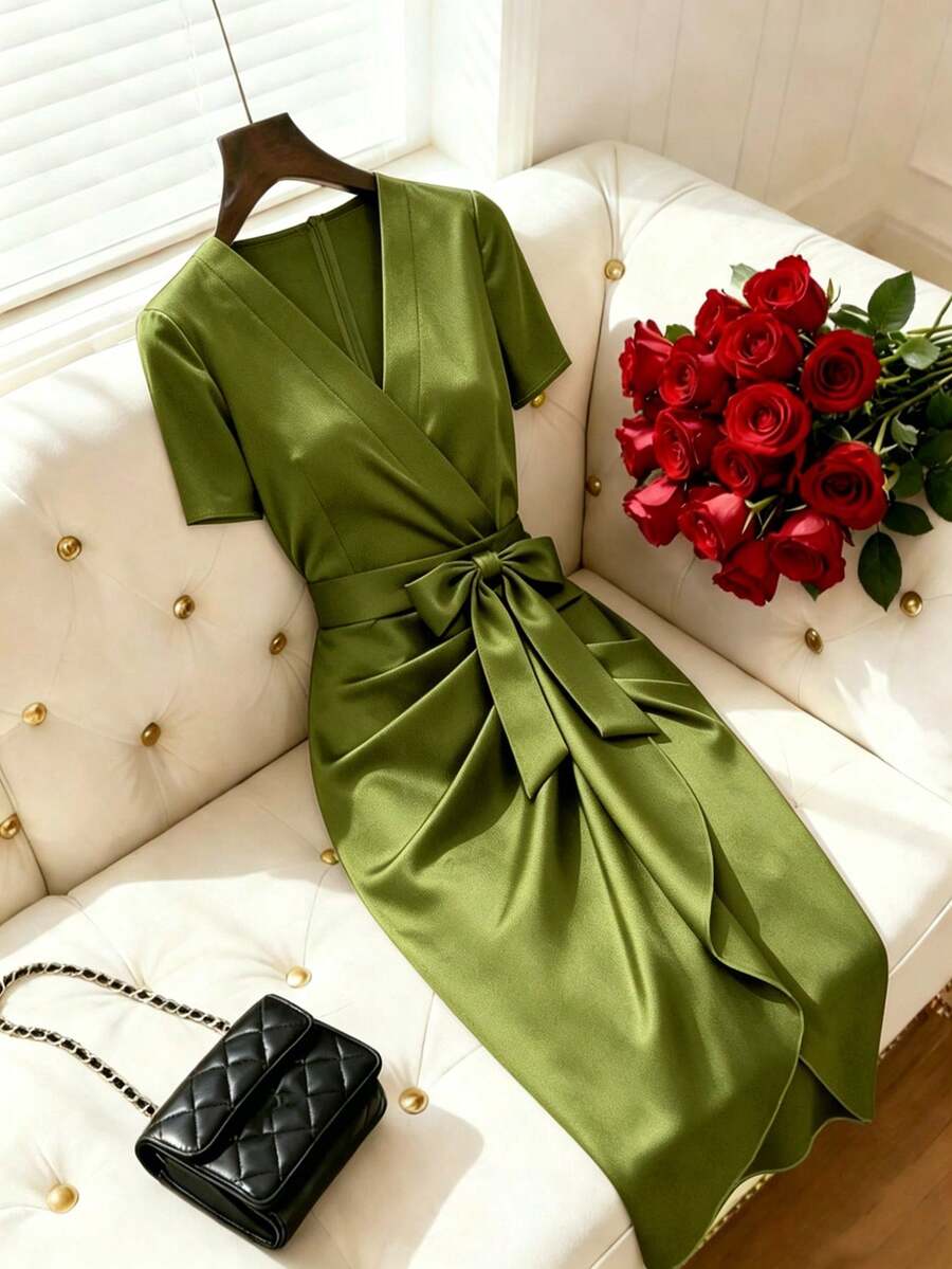 Women's Satin Wrap V-Neck Midi Dress, Silky Dress for Wedding Guest and Evening - Burgundy
