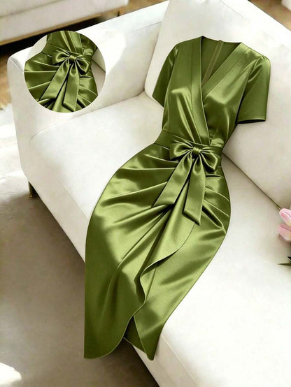 Women's Satin Wrap V-Neck Midi Dress, Silky Dress for Wedding Guest and Evening - Burgundy