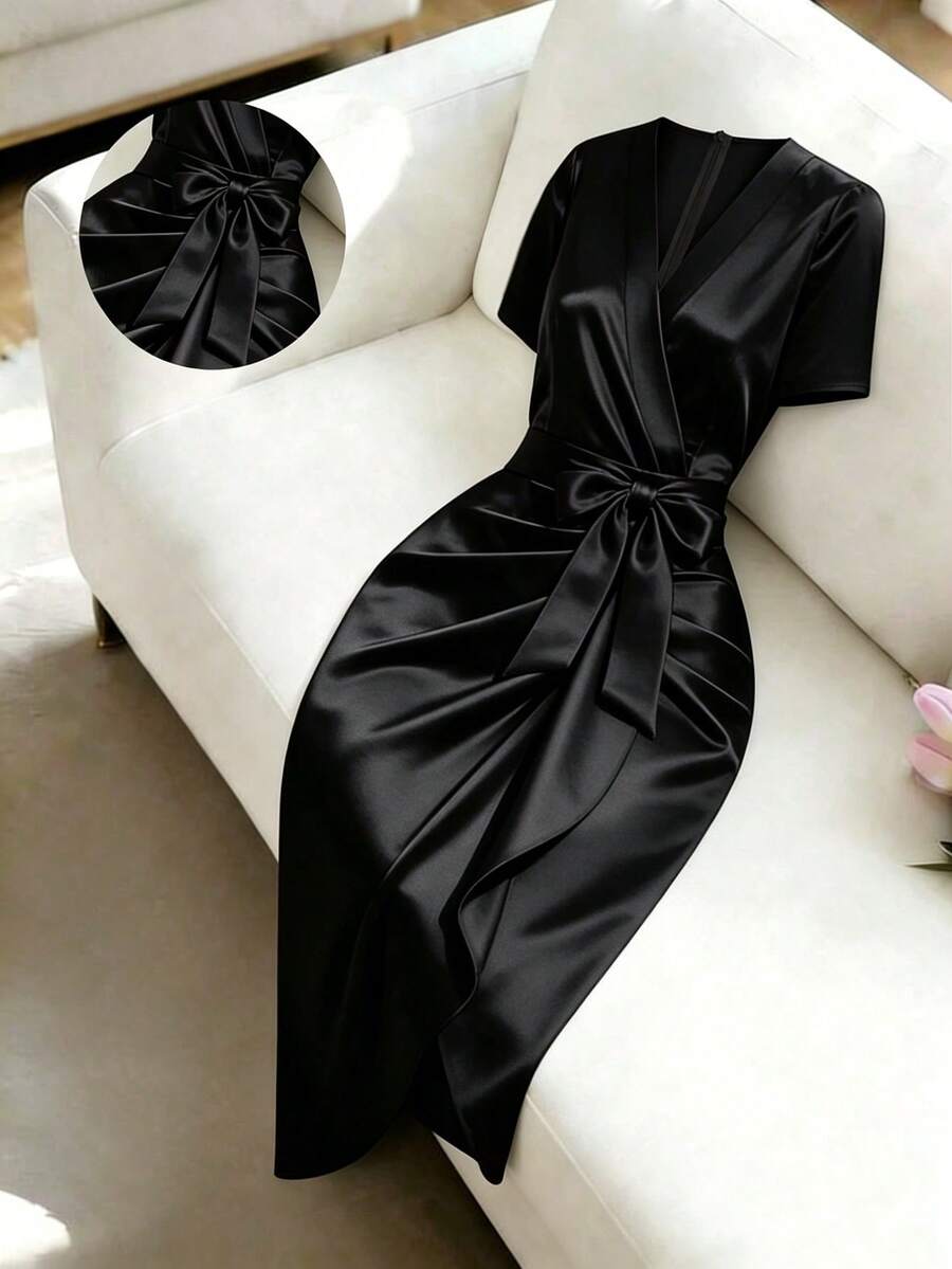 Women's Satin Wrap V-Neck Midi Dress, Silky Dress for Wedding Guest and Evening - Burgundy