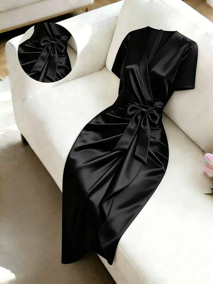 Women's Satin Wrap V-Neck Midi Dress, Silky Dress for Wedding Guest and Evening - Burgundy