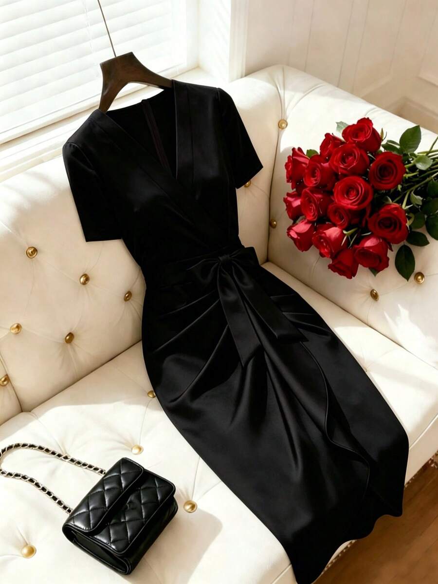Women's Satin Wrap V-Neck Midi Dress, Silky Dress for Wedding Guest and Evening - Burgundy