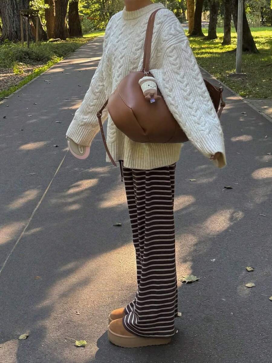 Solenne Oversized Chunky Cable Knit Sweater with Drop Shoulders - Cream