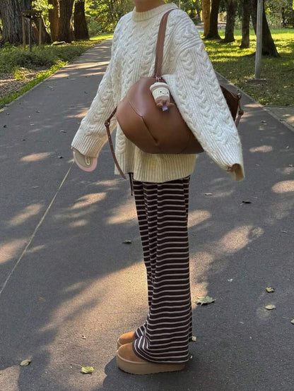 Solenne Oversized Chunky Cable Knit Sweater with Drop Shoulders - Cream