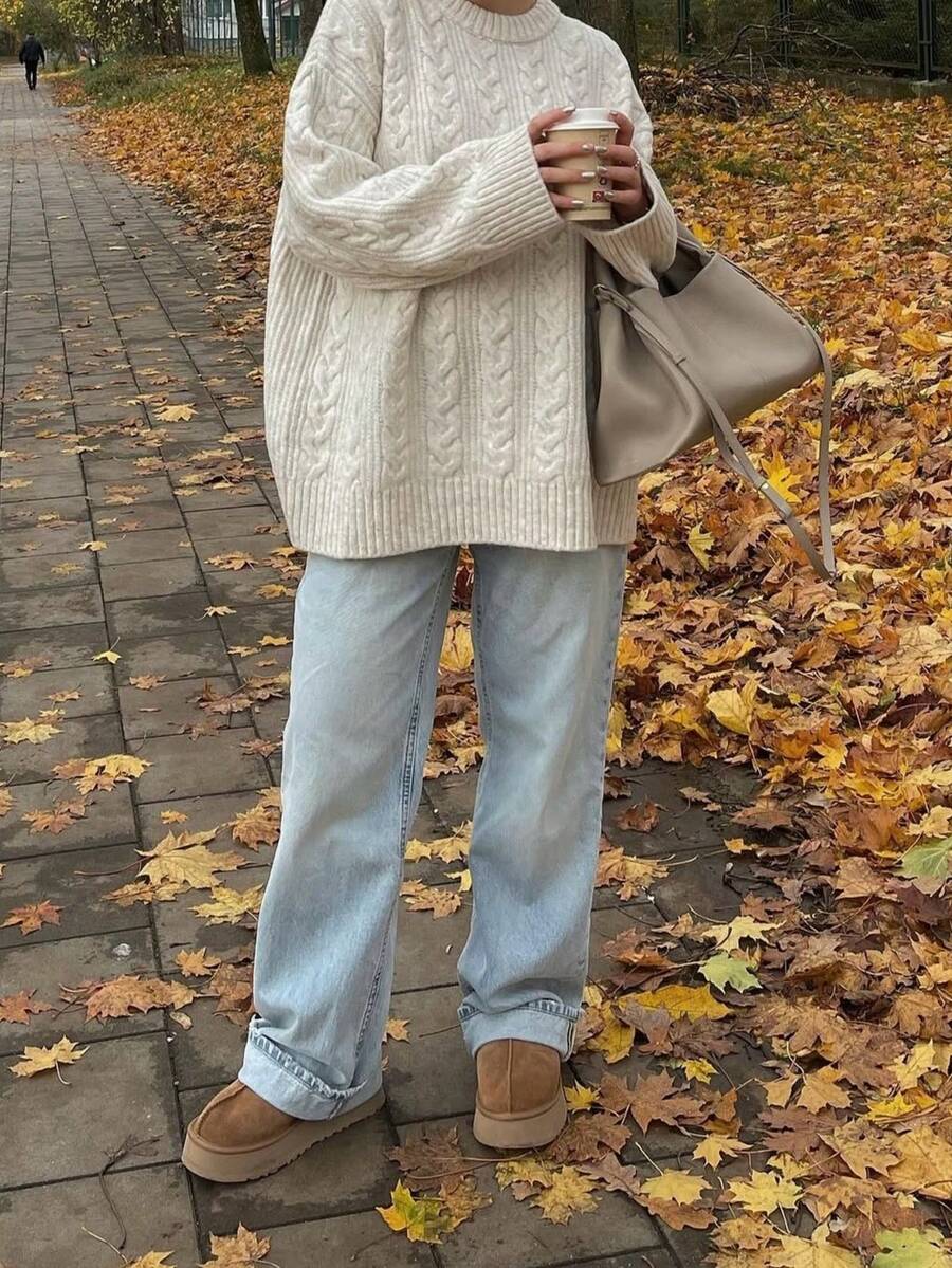 Solenne Oversized Chunky Cable Knit Sweater with Drop Shoulders - Cream