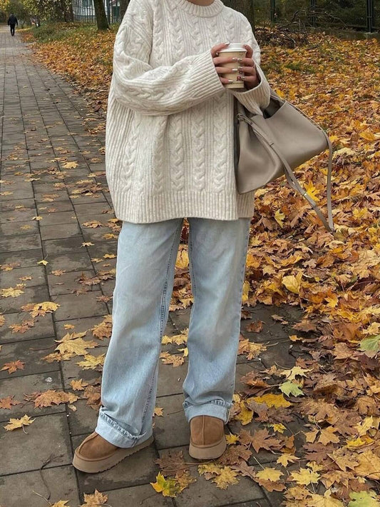 Solenne Oversized Chunky Cable Knit Sweater with Drop Shoulders - Cream