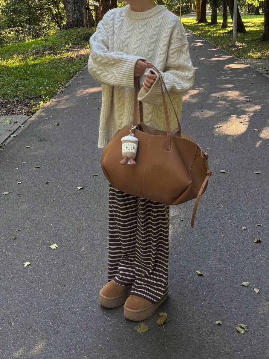 Solenne Oversized Chunky Cable Knit Sweater with Drop Shoulders - Cream