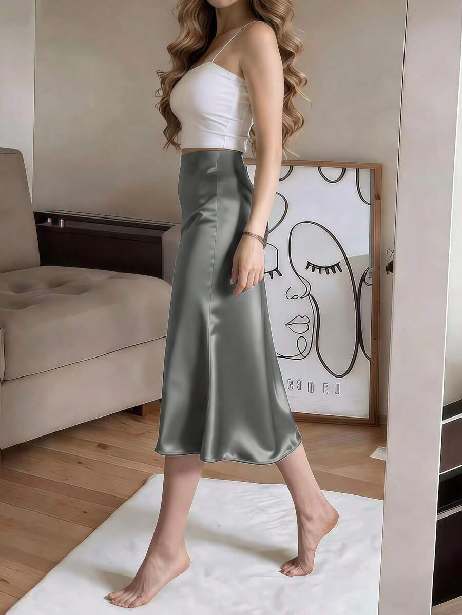 Women's Satin High Slit Midi Skirt, Silky Slip Skirt for Evening and Wedding Guest - Coffee Brown