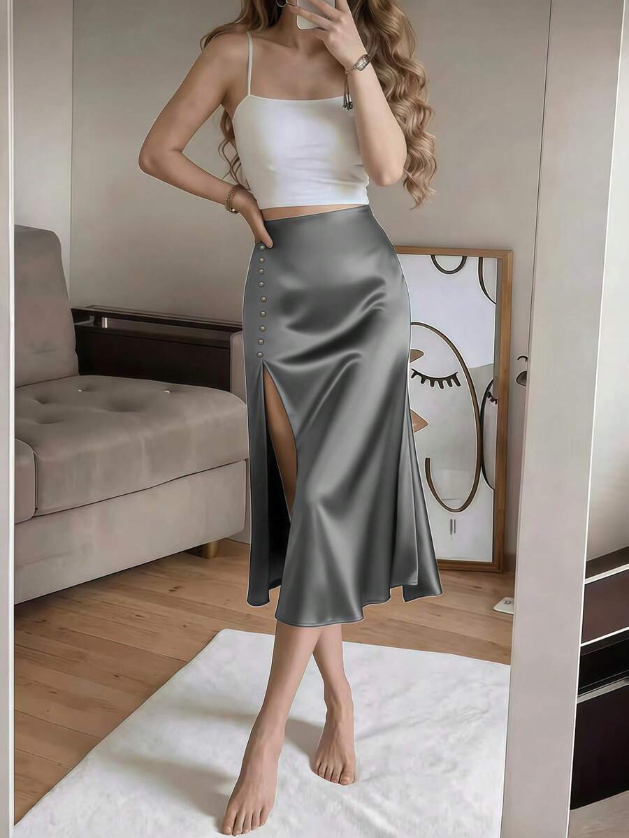 Women's Satin High Slit Midi Skirt, Silky Slip Skirt for Evening and Wedding Guest - Coffee Brown