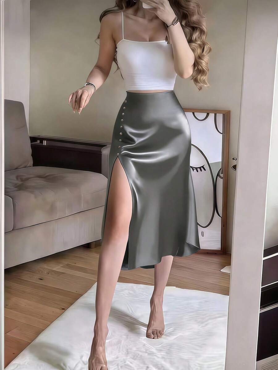 Women's Satin High Slit Midi Skirt, Silky Slip Skirt for Evening and Wedding Guest - Coffee Brown