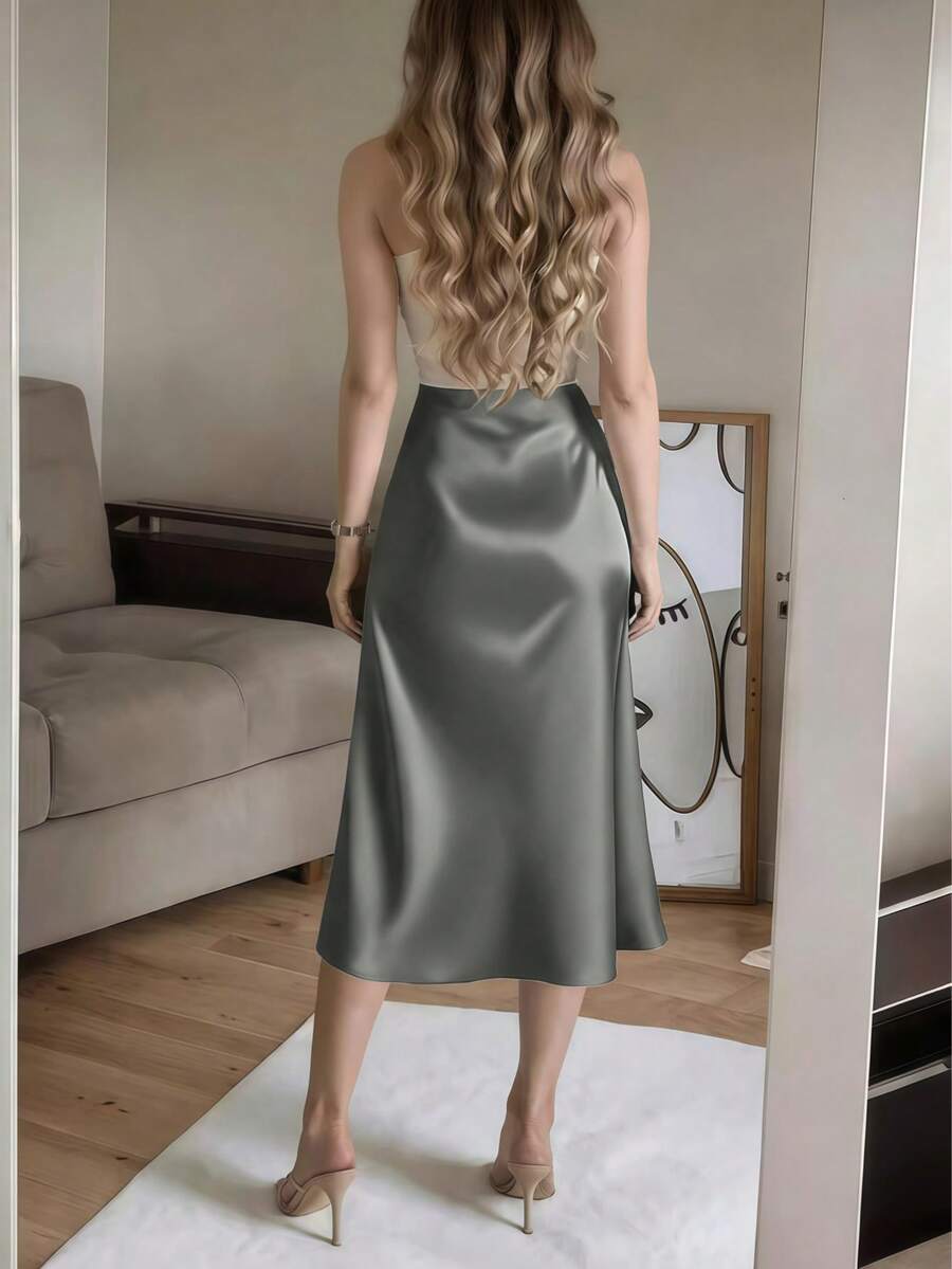 Women's Satin High Slit Midi Skirt, Silky Slip Skirt for Evening and Wedding Guest - Coffee Brown