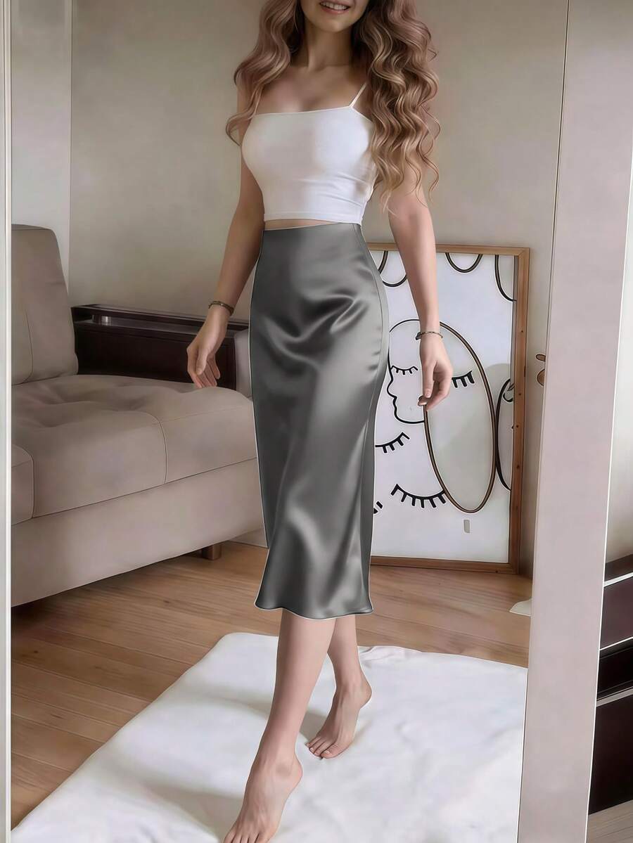 Women's Satin High Slit Midi Skirt, Silky Slip Skirt for Evening and Wedding Guest - Coffee Brown