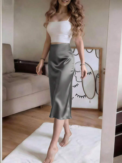 Women's Satin High Slit Midi Skirt, Silky Slip Skirt for Evening and Wedding Guest - Coffee Brown