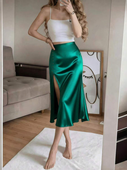 Women's Satin High Slit Midi Skirt, Silky Slip Skirt for Evening and Wedding Guest - Coffee Brown