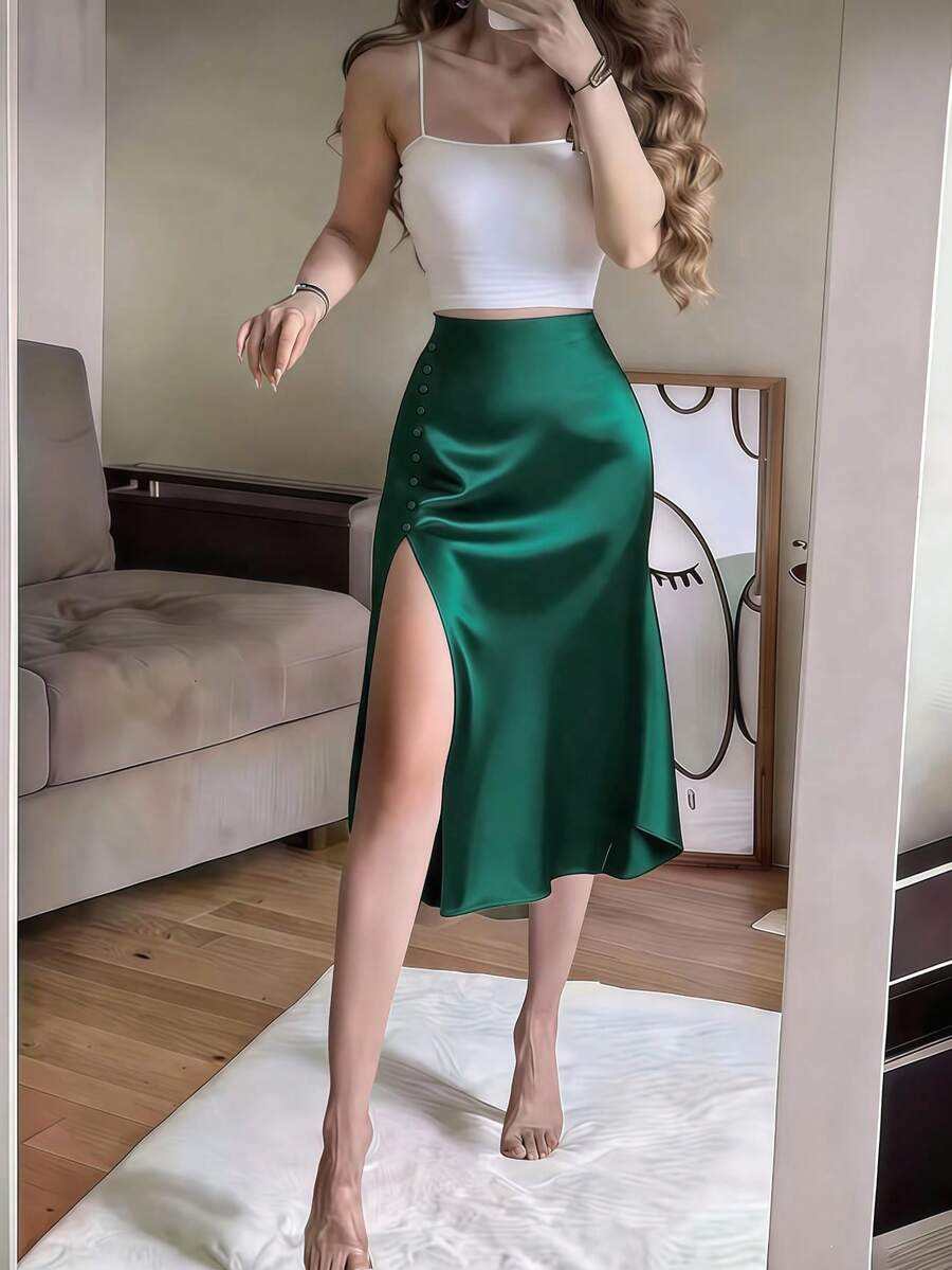 Women's Satin High Slit Midi Skirt, Silky Slip Skirt for Evening and Wedding Guest - Coffee Brown