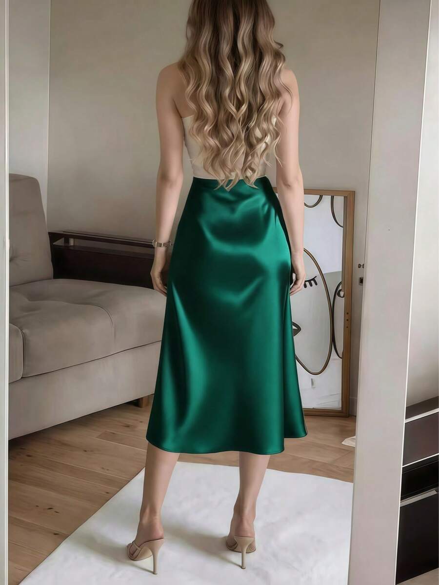Women's Satin High Slit Midi Skirt, Silky Slip Skirt for Evening and Wedding Guest - Coffee Brown