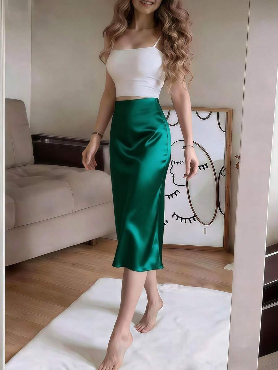 Women's Satin High Slit Midi Skirt, Silky Slip Skirt for Evening and Wedding Guest - Coffee Brown
