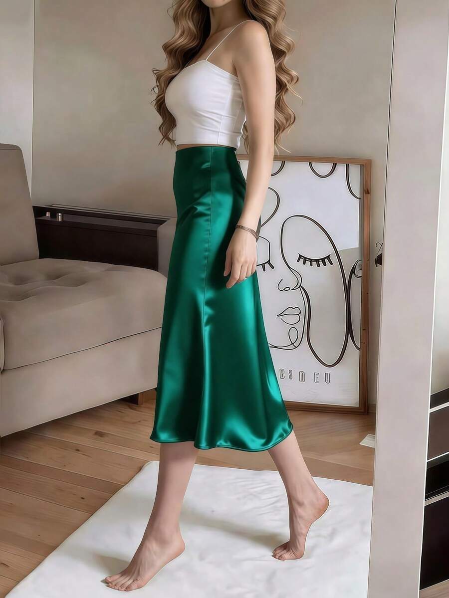Women's Satin High Slit Midi Skirt, Silky Slip Skirt for Evening and Wedding Guest - Coffee Brown