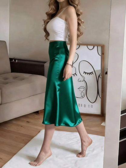 Women's Satin High Slit Midi Skirt, Silky Slip Skirt for Evening and Wedding Guest - Coffee Brown