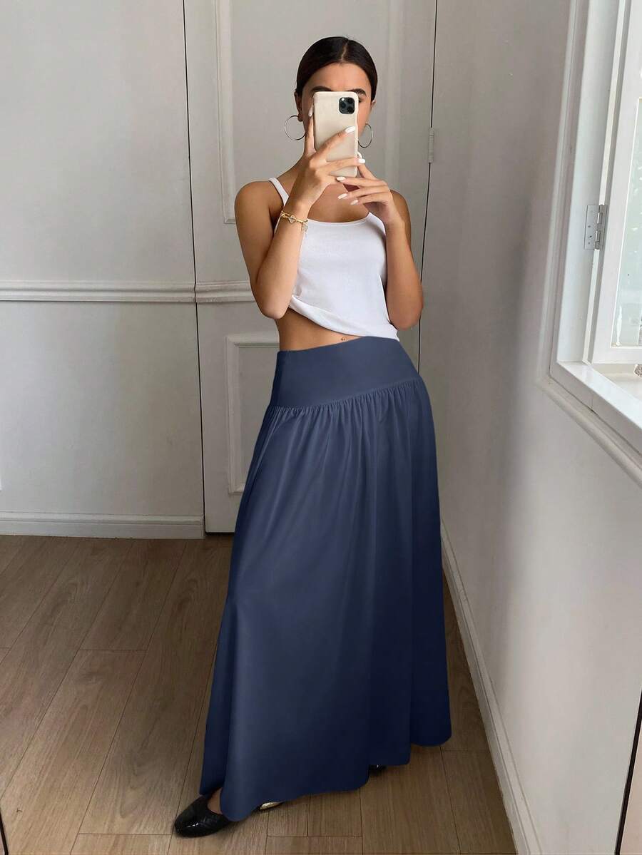 Cressida High Waist Wide Waistband Pleated Maxi Skirt - Navy Blue