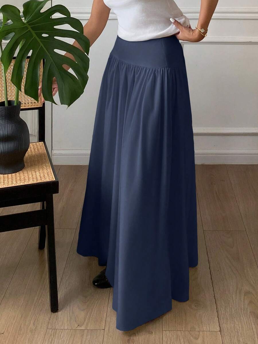 Cressida High Waist Wide Waistband Pleated Maxi Skirt - Navy Blue