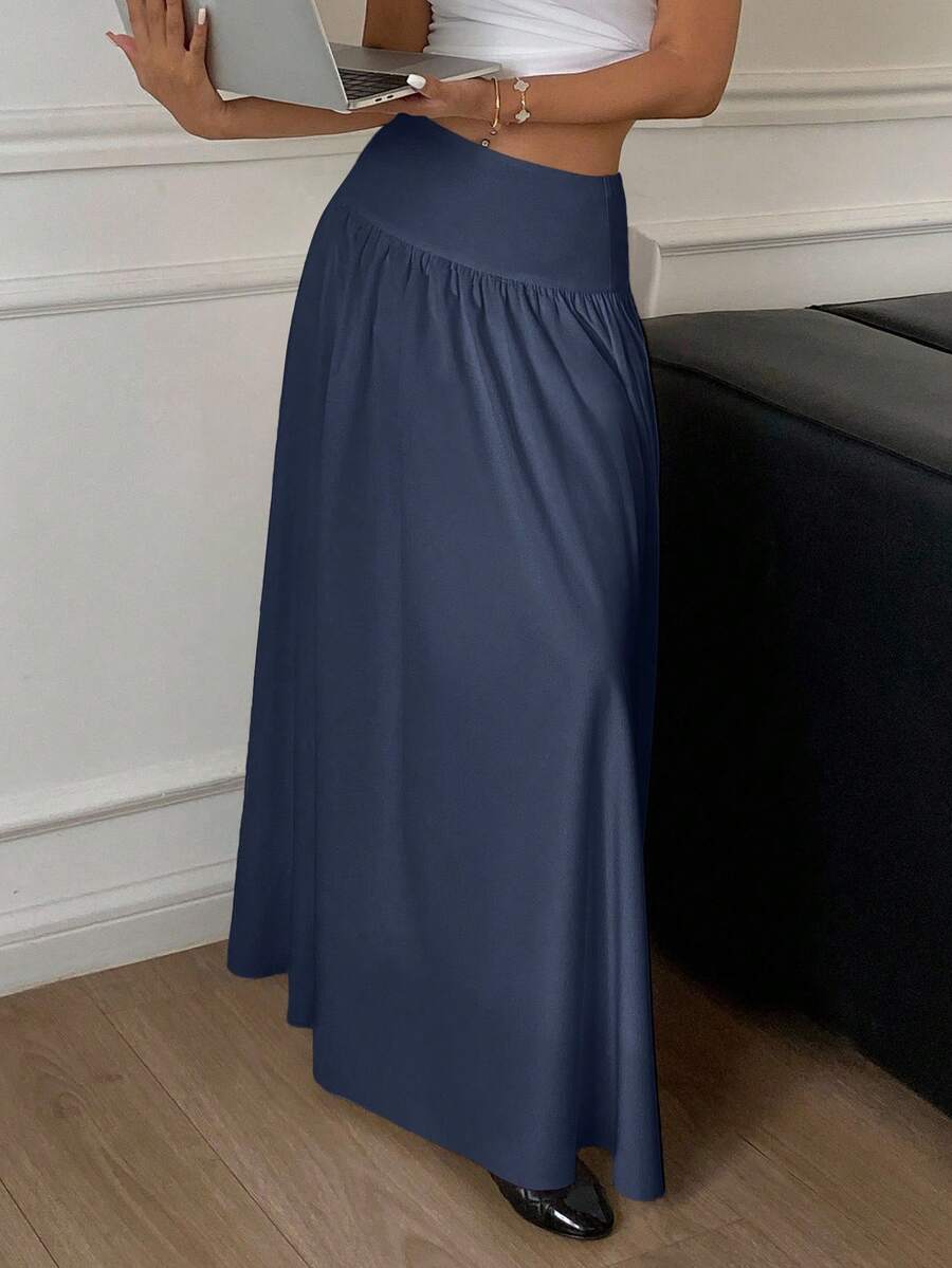Cressida High Waist Wide Waistband Pleated Maxi Skirt - Navy Blue