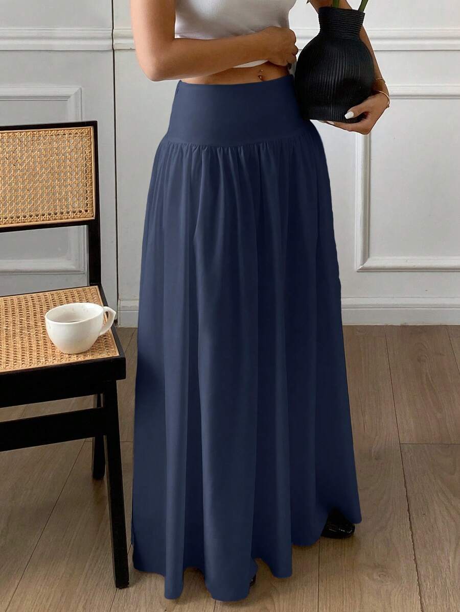 Cressida High Waist Wide Waistband Pleated Maxi Skirt - Navy Blue