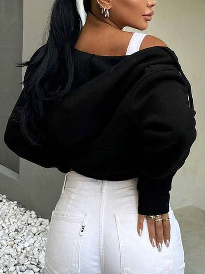 Edith Zip Up Drawstring Crop Hoodie - Light Grey