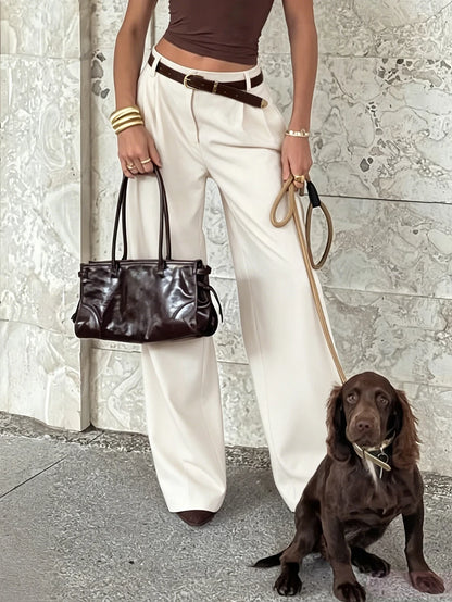 Women's Belted High Waisted Wide Leg Trousers, Tailored Dress Pants for Work Office - Brown