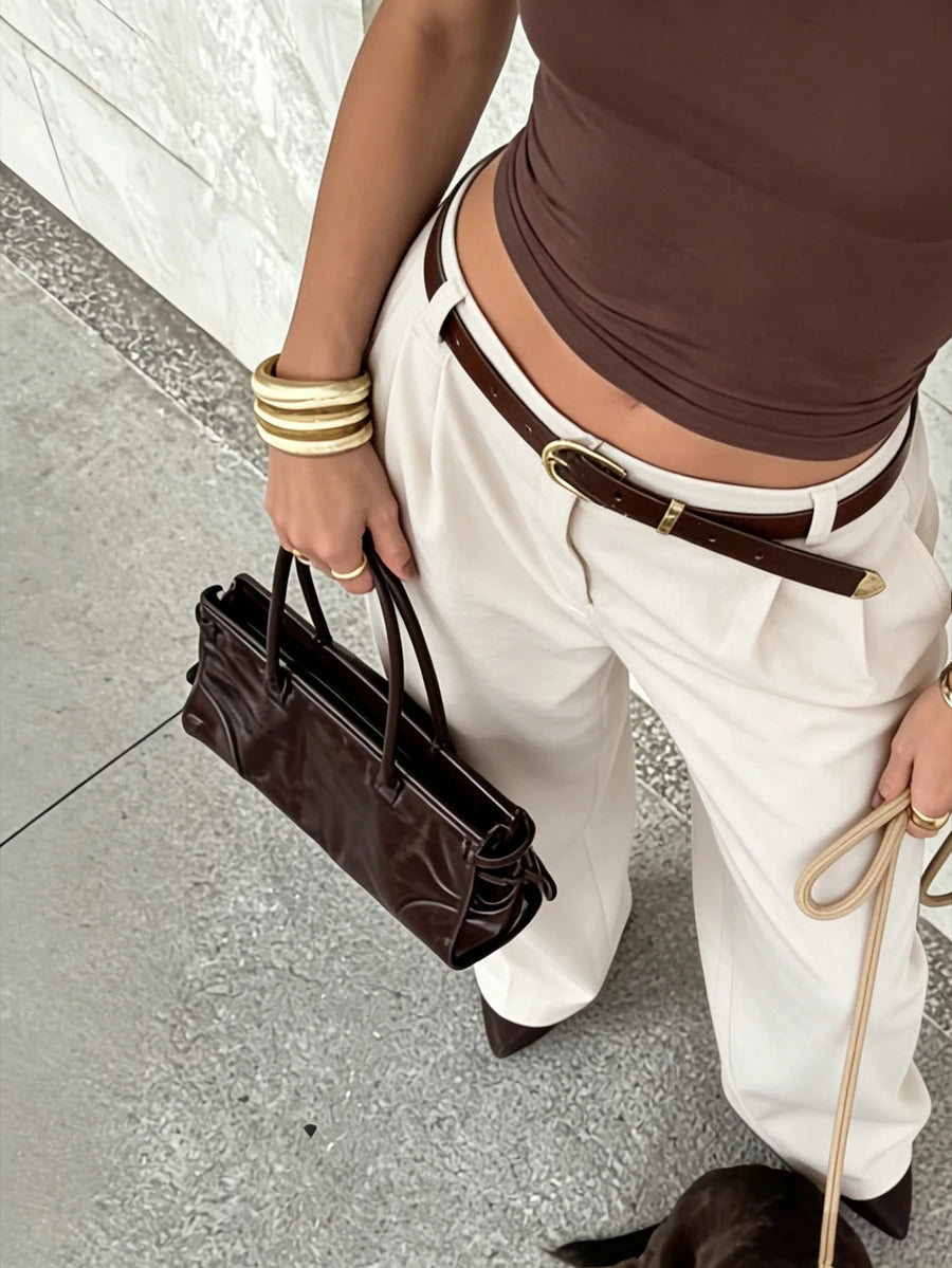 Women's Belted High Waisted Wide Leg Trousers, Tailored Dress Pants for Work Office - Brown