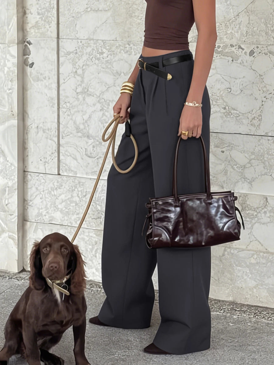 Women's Belted High Waisted Wide Leg Trousers, Tailored Dress Pants for Work Office - Brown