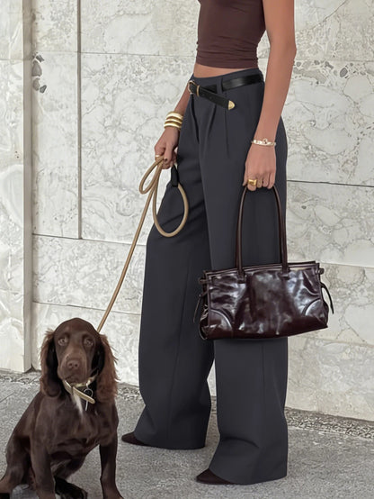 Women's Belted High Waisted Wide Leg Trousers, Tailored Dress Pants for Work Office - Brown