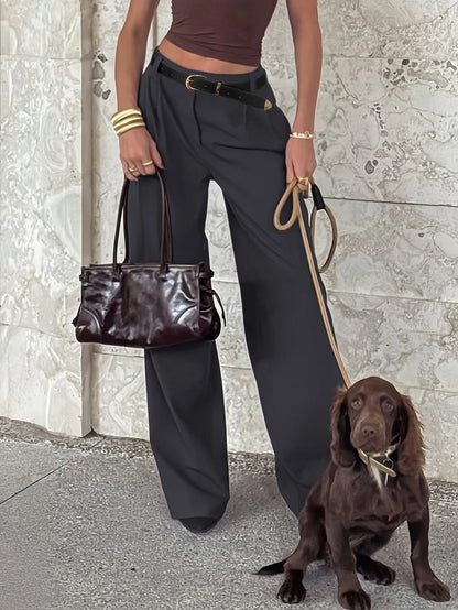 Women's Belted High Waisted Wide Leg Trousers, Tailored Dress Pants for Work Office - Brown