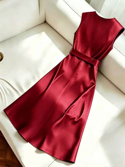 Women's Satin V-Neck Midi Dress, Fitted Silky Dress for Wedding Guest and Evening - Teal Blue