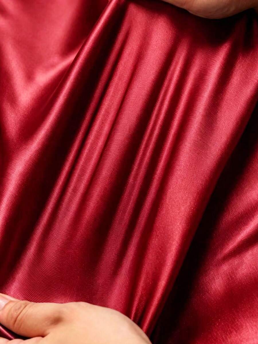 Women's Satin V-Neck Midi Dress, Fitted Silky Dress for Wedding Guest and Evening - Coffee Brown