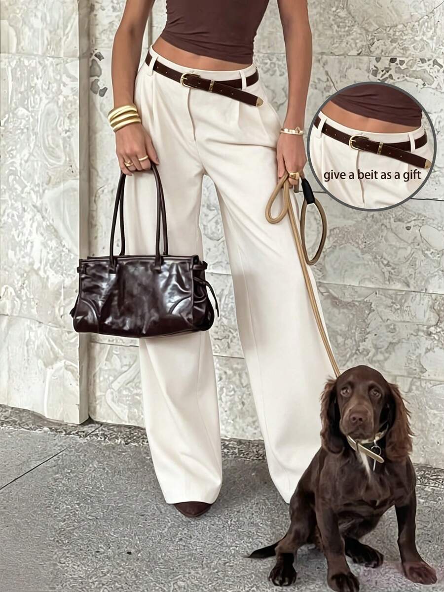 Women's Belted High Waisted Wide Leg Trousers, Tailored Dress Pants for Work Office - Brown