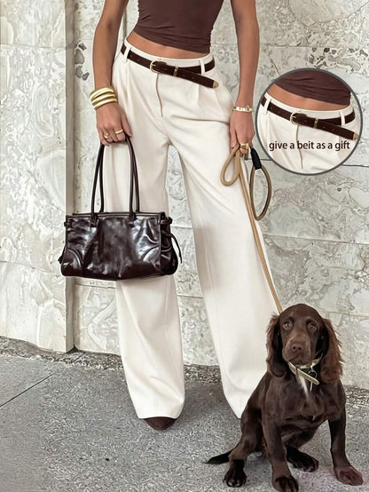 Women's Belted High Waisted Wide Leg Trousers, Tailored Dress Pants for Work Office - Brown