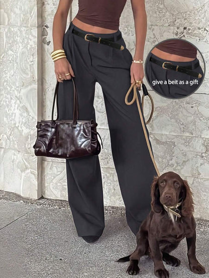 Women's Belted High Waisted Wide Leg Trousers, Tailored Dress Pants for Work Office - Brown