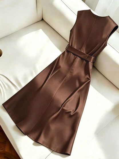 Women's Satin V-Neck Midi Dress, Fitted Silky Dress for Wedding Guest and Evening - Coffee Brown