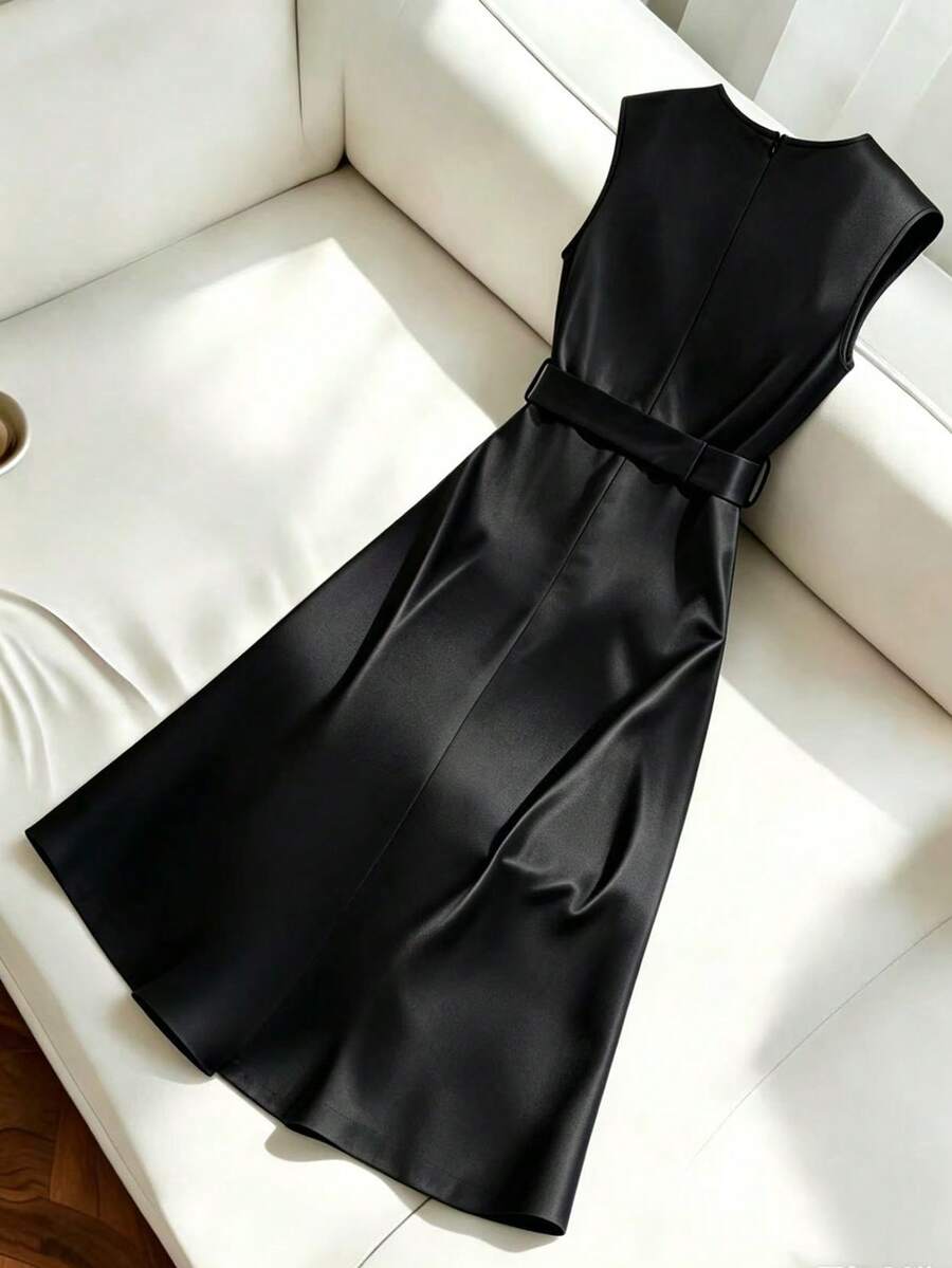 Women's Satin V-Neck Midi Dress, Fitted Silky Dress for Wedding Guest and Evening - Rust Brown