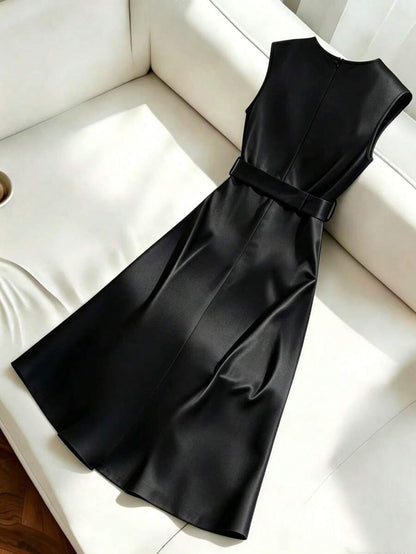 Women's Satin V-Neck Midi Dress, Fitted Silky Dress for Wedding Guest and Evening - Rust Brown