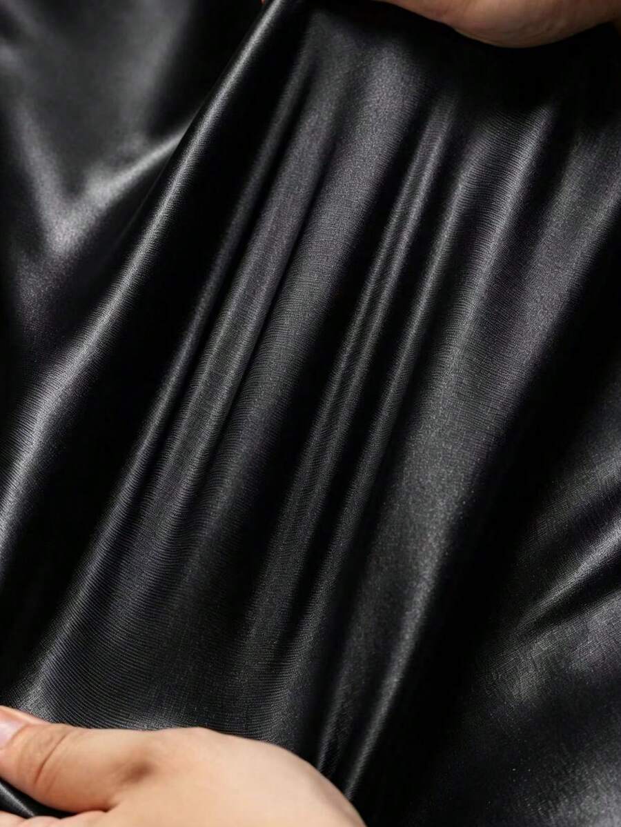 Women's Satin V-Neck Midi Dress, Fitted Silky Dress for Wedding Guest and Evening - Coffee Brown