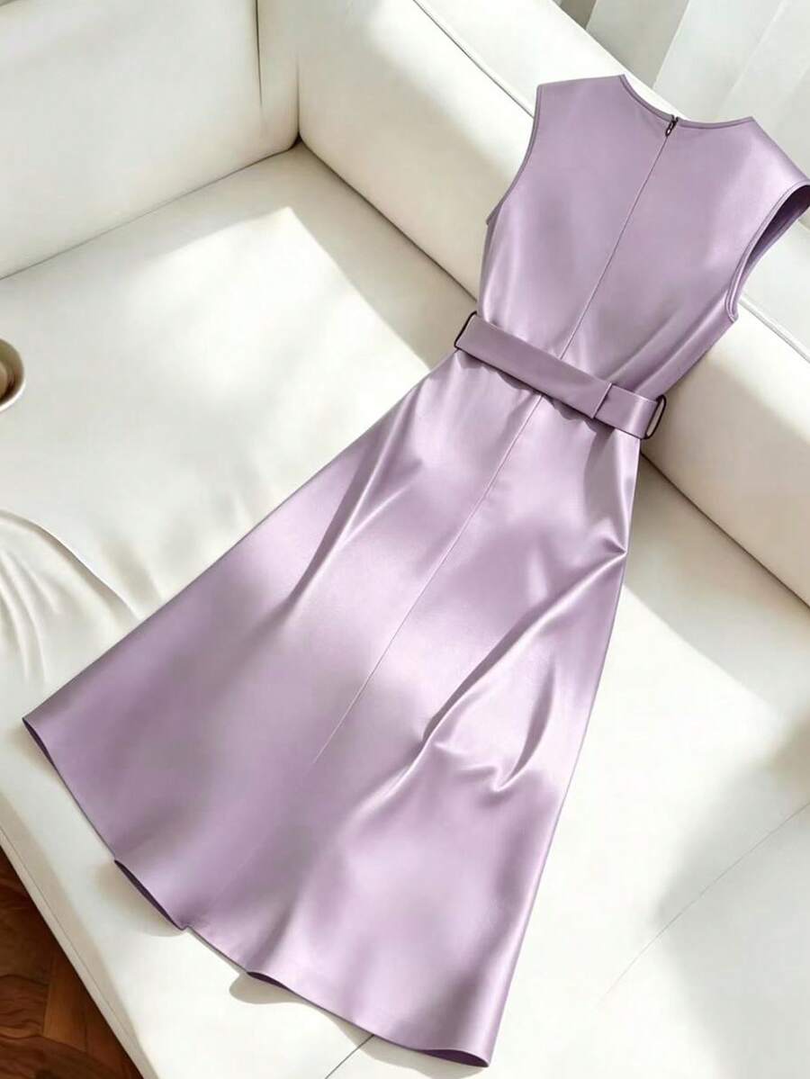 Women's Satin V-Neck Midi Dress, Fitted Silky Dress for Wedding Guest and Evening - Apricot