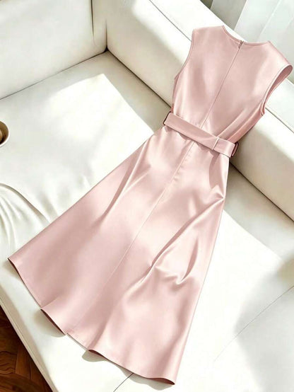 Women's Satin V-Neck Midi Dress, Fitted Silky Dress for Wedding Guest and Evening - Dusty Blue