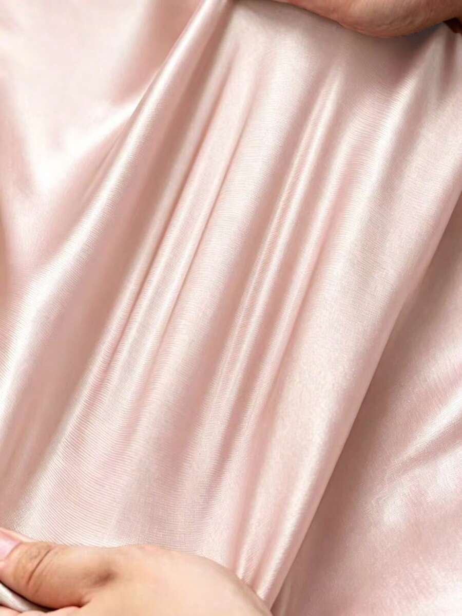 Women's Satin V-Neck Midi Dress, Fitted Silky Dress for Wedding Guest and Evening - Baby Pink