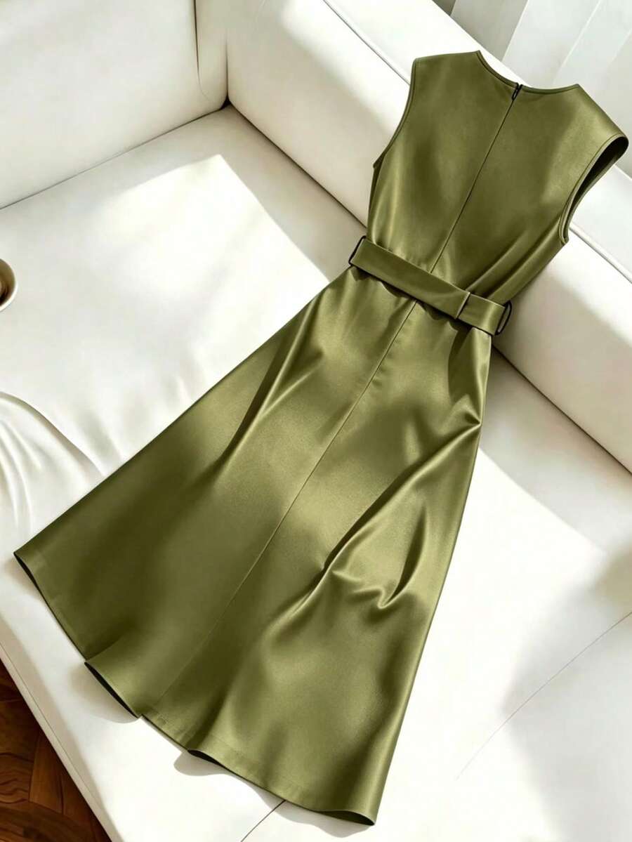 Women's Satin V-Neck Midi Dress, Fitted Silky Dress for Wedding Guest and Evening - Purple