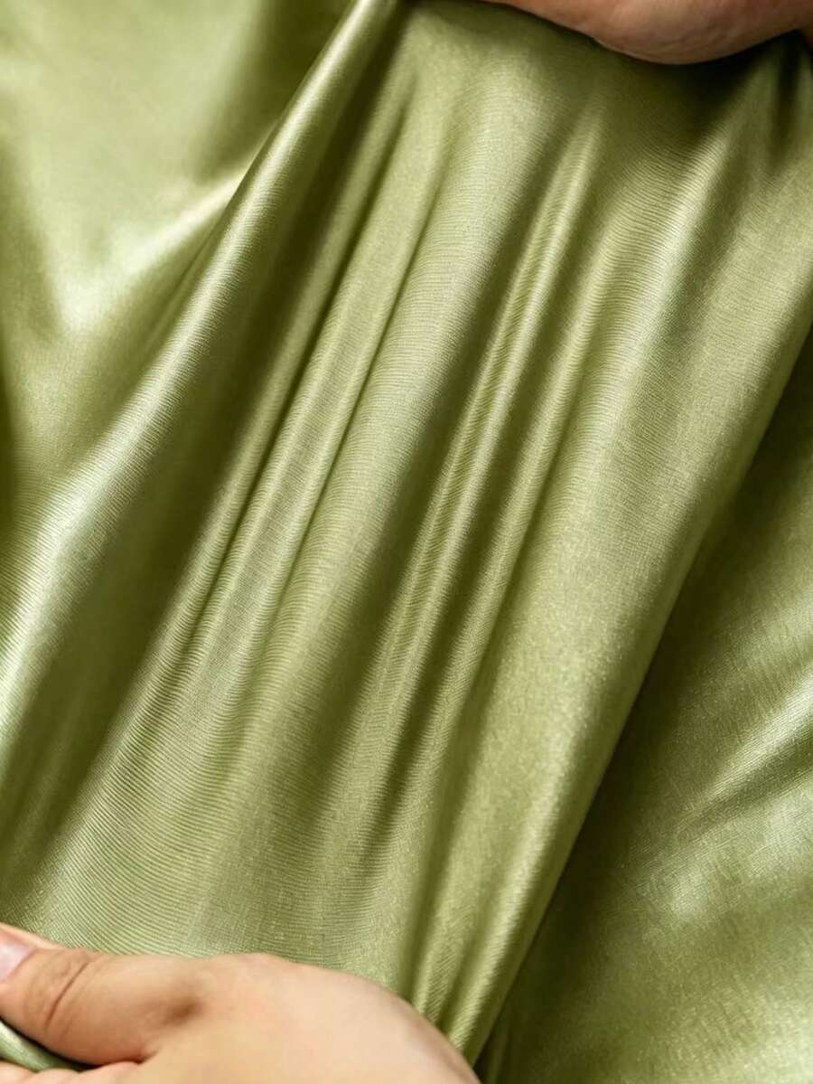 Women's Satin V-Neck Midi Dress, Fitted Silky Dress for Wedding Guest and Evening - Dark Green