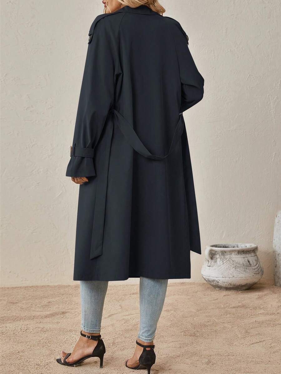 Delia Belted Double Breasted Trench Coat with Raglan Sleeves - Navy