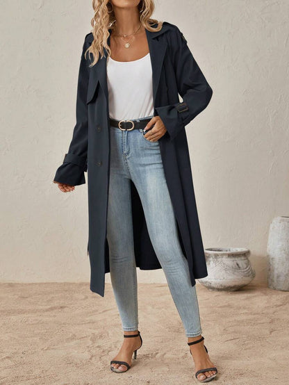 Delia Belted Double Breasted Trench Coat with Raglan Sleeves - Navy