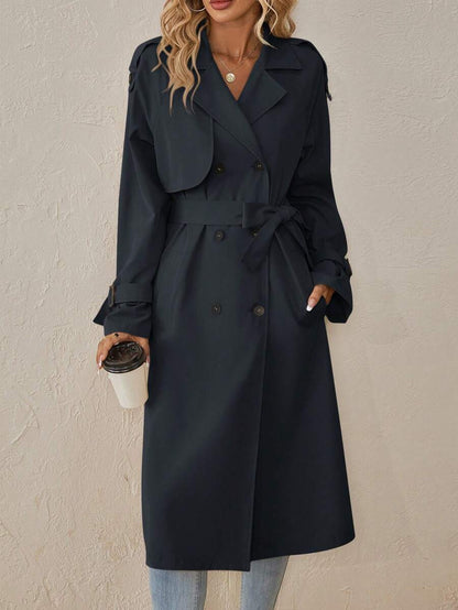 Delia Belted Double Breasted Trench Coat with Raglan Sleeves - Navy